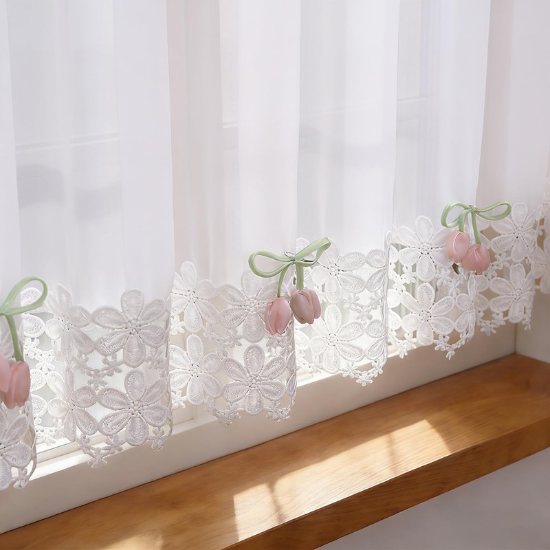 White Sheer Valance Lace Trim Pink Tulip Decor Farmhouse 60W