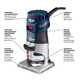 BOSCH PR20EVS Colt 1.0 HP Variable-Speed Palm Router - 5.6 Amp Motor, Soft Start, Constant ResponsCircuitry, Ergonomic Grip, Rugged Aluminum Base, Quick-Clamp System, 1/4" Collet