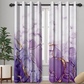 Purple White Marble Curtains for Bedroom, Lavender Vein Print Gold Glitter Texture Print Darkening Window Drapes, Light Filtering Curtains for Home Decor,2 Panels,Each W42 xL85