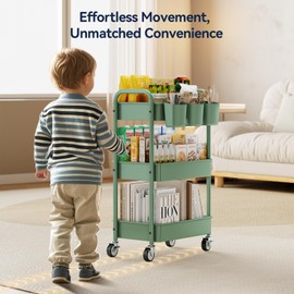 YASONIC 3-Tier Rolling Cart, Green, 66 Pounds Capacity, Mesh Storage Organizer with Lockable Wheels, 3 Hanging Cups, 4 Hooks, Easy Assembly, for Kitchen, Bathroom, Laundry, Grocery