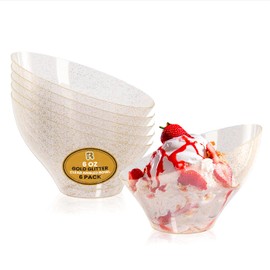 R-kay 6 Pack Angled Candy Bowls - Clear Plastic bowls - Premium Plastic Serving Bowls Heavy Duty For Weddings Catering, parties, And All Occasions (Gold Glitter, Small)
