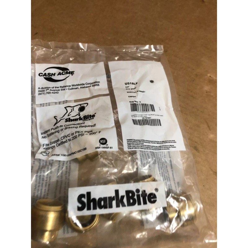SHARKBITE U518LF, 6-PACK, BRASS END STOPS, 3/4" , PUSH-TO-CONNEC