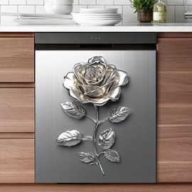 Stainless Steel Rose Pattern Dishwasher Magnet Front Door Sticker Decorative Refrigerator Covers Magnetic Sheet Sticker Wash Machine Fridge Panel Decal for Kitchen Appliance 23W x 26H inchs