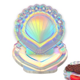 Biiange Shell Plates, Holographic Foil Shell Paper Plates, Glitter Iridescent Disposable Plates for Wedding, Mothers Day, Birthday Party Decorations (24 Pcs)