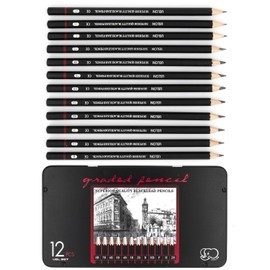Professional Pencils, Pack of 12, Drawing Pencils, Sketching Pencils, Graphite Pencils, Art Pencil Set with 12 Hardness Levels in a Metal Tin