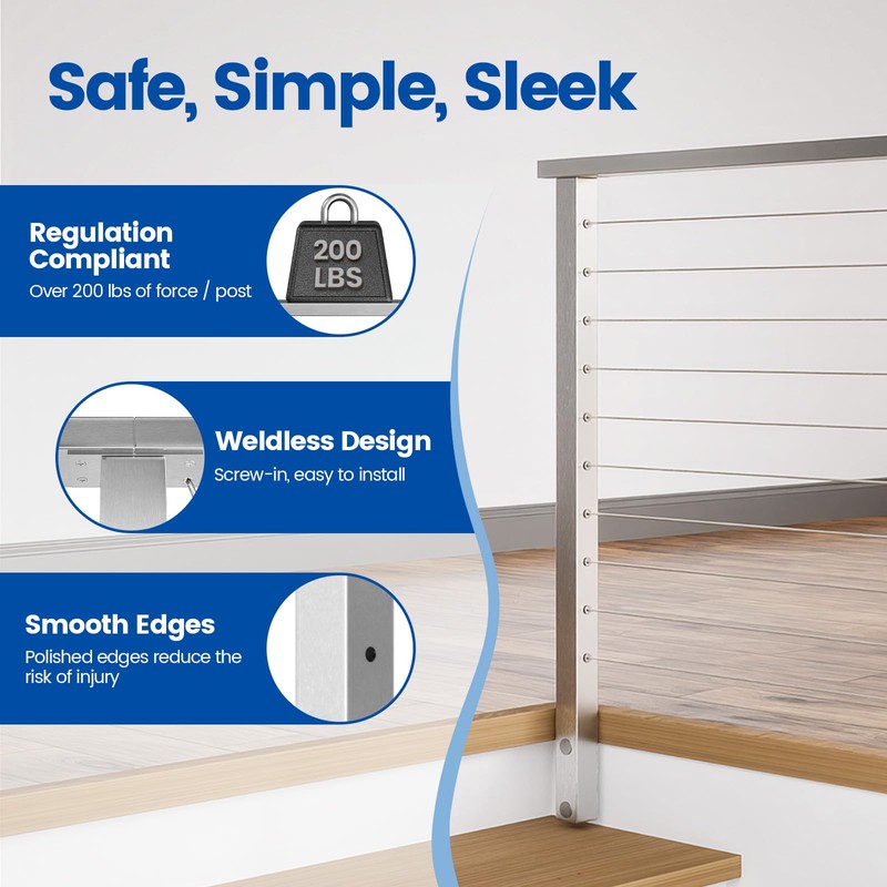 Muzata Side Mount Cable Railing Post 36 Inch 36"x2"x2" Level