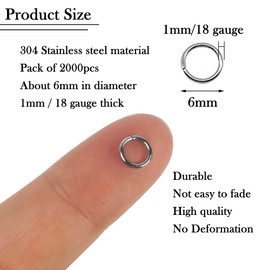 2000 anillos de salto de acero inoxidable de 6 mm, calibre 18, anillos de metal cerrados pero sin soldadura, anillos de conector de un solo bucle para joyería, collares, pulseras, aretes, llaveros, bricolaje