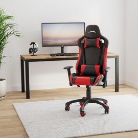 Leopard Gaming Chair, High Back PU Leather Office Chair, Adjustable Video Gaming Chairs, Swivel Racing Chair with Adjustable Armrest (Black/Red)