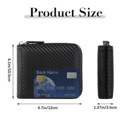 AfitLulu Men's Wallet with Zipper, Carbon Leather Bifold Wallets For Men with Coin Pocket, Large Capacity Wallet for Men with 4 Card Slots and 2 ID Window (Black)