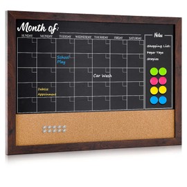 4 THOUGHT Chalkboard Calendar Corkboard Combo, 18" x 24" Bulletin Board Magnetic Calendar Chalkboard for Wall Combination Board Monthly Planner Rustic Brown Frame 4 Markers 8 Magnets 10 Pushpins