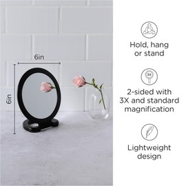 Diane Plastic Handheld Mirror – Magnifying 2-Sided Vanity Mirror with Folding Circle Handle and Stand for Hanging – Medium Size, 6”x 10” for Travel, Bathroom, Desk, Makeup, Beauty, Grooming, D1014
