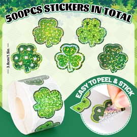 Whaline St. Patrick's Day Shamrock Stickers Roll Laser Green Patterned Clover Shape Seal Stickers Waterproof Self-Adhesive Decals for Envelope Journal Irish Holiday, 500Pcs