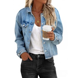 LBDLONGBIDA Women's Distressed Denim Jacket Lightweight Cropped Jean Jacket with Raw Hem Soft Washed Fabric Perfect Over Dresses & Tanks(Light Blue M)