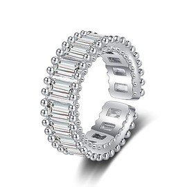 CUSIOALQQ 925 Sterling Silver Created-Gemstone Eternity Ring for Women Rainbow Square Baguette Zircon Engagement Open Ring Colorful Cubic Zirconia Statement Crystal Ring Jewelry Gift White