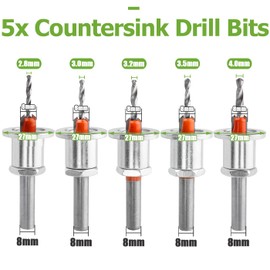 Bestgle 5 Pcs Countersink Drill Bit Set with Depth Stop, 8mm Round Shank Limit Taper Hole Countersink Bits, Adjustable Counter Sink Cone Drill Bit Counterbore Router Bits for DIY Woodworking Tools