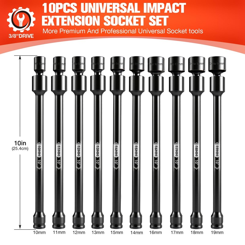 BLACKROBOT 10-Inch 3/8" Drive Impact Swivel Extension Socket Set -