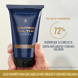 Just for Men Control GX + THK Champú engrosador con reducción de canas, Champú para cabello delgado con queratina alfa, Engrosa el cabello hasta un 20