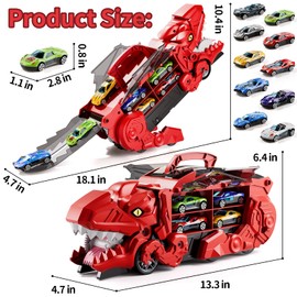 Blmukce Dinosaur Truck Toys with 12 Diecast Racing Cars (Red)
