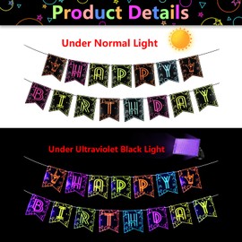 Glow Happy Birthday Banner, Prestrung Neon Sign Let Glow Party Banner for Black Light Neon Party Supplies Birthday Decorations