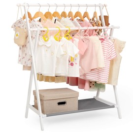 Cozivolife Kids Clothing Rack with 2 Hanging Rods and 4 Hooks, Kid Dress Up Holder with Bottom Storage Shelf, Child Garment Stand, Small and Foldable, Bamboo (White)