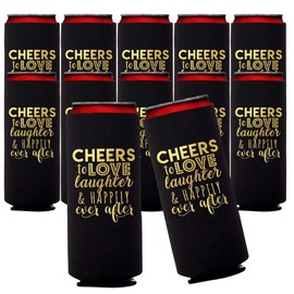 Wedding Can Cooler Decorations - 12 Cheers to Love Laughter and Happily Ever After, Rehearsal Dinner Favors, Wedding Supplies - Bridal Showers, Engagements Party Favors (Black, Slim)