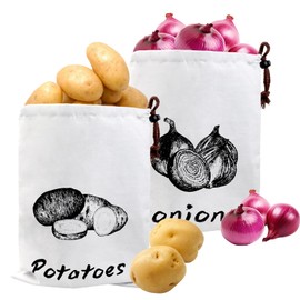 LLMSIX 2pcs Onion Storage, Potato Bag, Reusable Potato and Onion Storage Drawstring Garlic Onions Potatoes Keeper for Pantry Kitchen Refrigerator