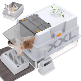 ELEGX XXXL Extra Large 28" L×20" W Odor-Control Stainless Steel Cat Litter Box, 4-in-1 Cat Metal Litter Box Set,Enclosed Removable Metal Litter Box with High Sided Enclosure,Mat & Scoop