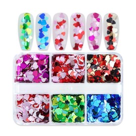 6 Grids Love Heart Nail Art Sequins 3D Heart Glitter Nail Flakes Holographic Laser Nail Art Glitter Stickers Decal for Valentine's Day Face Eyes Nail Art Decoration DIY Craft Nails Art Supplies