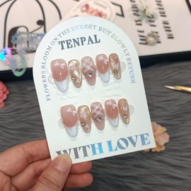 TENPAL Reusable Almond Press on Nails Medium,Pink Cat Eye Glitter Fake Nails with Polka French Tips,Hand-Painted Hearts & 3D Bow Rhinestones False Nails,Princess K-Beauty Nails Full Manicure Kit(M)