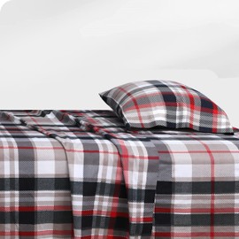 Feather & Stitch 100% Cotton Flannel King Sheet Set, 4 Piece Brushed Cotton Flannelette Flat Sheet, Winter Fitted Sheet, Heavy Weight Bedding, 16" Deep Pocket, 2 Pillow Cases (Red Plaid)
