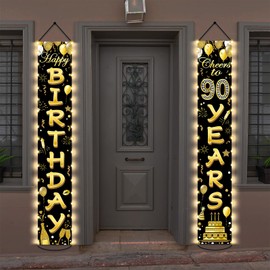 90th Birthday Party Banner Lighted Decorations for Women Men 90 Year Old Lighted Door Banners Black Gold Cheers to 90 Years Birthday Party Supplies Porch Sign with LED Light for Outside Lighted Decor