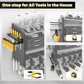 KAFAHOM Power Tool Organizer，Large 8 Drill Holder Wall Mount ，Heavy Duty Metal Tool Shelf with 12 Hooks Storage Rack for Garage Organization，Utility Cordless Drill Holder and Battery Shelves