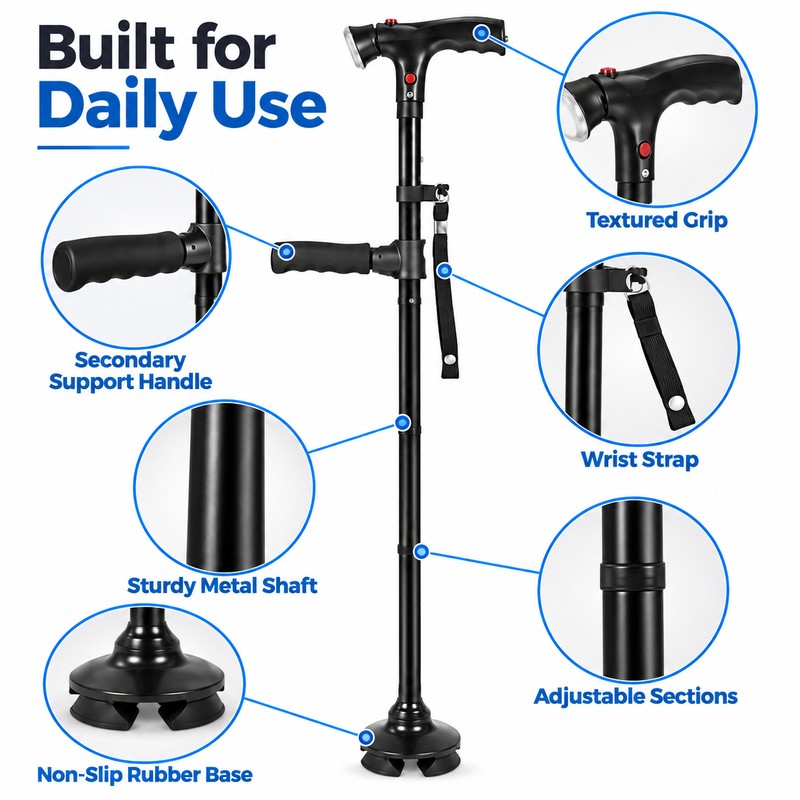 Folding Walking Cane for Seniors with LED Light, Alarm &