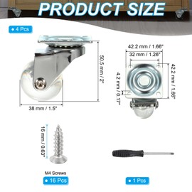 PATIKIL 1.5 Inch Swivel Caster Wheels, 4 Pcs Clear PU Rolling Castors with 360 Degree Top Plate Furniture Wheels 165 Lbs with Screws Screwdriver for Cabinet