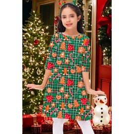 Christmas Outfits Girl Kids Gingerbread Candy Cane Crew Neck Ugly Casual Green Dresses 5-6 Years