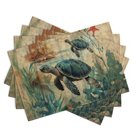 Wnoesat Sea Turtle Placemats Set of 4 Summer Beach Seasonal Linen Table Mats 12x18 Inch Vintage Ocean Animal Heat Resistant Washable Non-Slip Place Mats for Party Kitchen Dining Decoration
