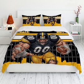 Allenjoy Pittsburgh American Football Black Toughness Comforter Set with 2 Pillowcases for Men Fans Teens Brother Son Bedroom Nursery Bedding Room Decor, Machine Washable, Full Size