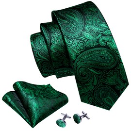 Barry.Wang Emerald Green Paisley Man Tie Set Silk Solid Necktie Cufflinks Handkerchief Woven Wedding Prom Party