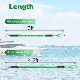 Boat Bungee Dock Lines, Mooring Rope with Stainless Steel Clip,Boat Ropes for Docking, Boat Accessories, Suit for PWC, Kayak, Jet Ski, Seadoo, WaveRunner, Pontoon, Bass Boat, 3ft