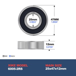 XIKE 2 pcs 6005-2RS Ball Bearings 25x47x12mm Bearing Steel and Double Rubber Seals, 6005RS Deep Groove Ball Bearing with Shields