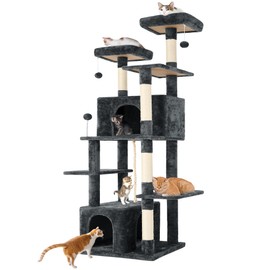 NINESHI 69'' Indoor Cat Tree Tower with Multiple Levels, Sisal Scratching Post, Spacious Condo, Climbing Rope, Kitten Toy (Dark Grey)