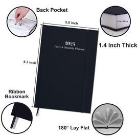 2025 Daily & Monthly Planner - 2025 Daily Planner One Page Per Day from January 2025 to December 2025, Hourly Appointment Book Perfect Organizer Daily Life, Fabric Cover, 5.8'' x 8.3'', Black