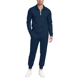 MoFiz Men's Track Suit Set 1/4 Zip Long Sleeve Jogging Top Bottom Fashion Casual Tracksuit Outfits Drawstring Elastic Waist with Pockets Navy Size US L