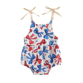 4th Of July Baby Girl Outfits Newborn Bow Usa Flag Bubble Romper Infant Sleeveless Patriotic Memorial Day Clothes (A Blue, 0-3 Months)