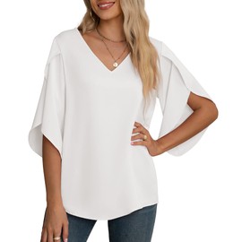 Yommay Women's Blouse Elegant V Neck Summer T-Shirts Casual Lightweight Chiffon Tunic Short Sleeve Tops, White