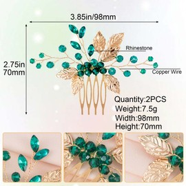 HINZIC 2Pcs Bridal Hair Combs, Green Crystal Emerald Turquoise Hair Pins, Gold Leaves Wedding Hairpiece Clips Accessories for Women Girls Party Bride Prom Engagement