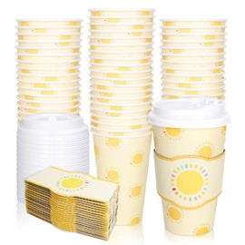Whaline 50Pcs Colorful Sun Paper Cup With Lid Sleeve 16Oz Yellow Sunshine Disposable Coffee Cup For Birthday Baby Shower Party Supplies