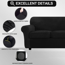 FestiCorp Velvet Sofa Cover for 3 Cushion Couch Sofa Slipcovers for Sofas with 3 Cushions, Stretch 4 Piece Couch Cover, Thick Furniture Covers for Dogs Pets, Sofa, Black