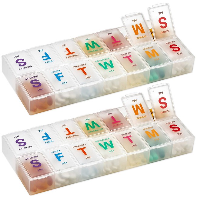 Large Weekly Pill Organizer - (2 Pack) AM PM Pill Box - XL 7 Day Pill Organizer 2 Times A Day and Daily Pill Organizer Case for Medication, Pills, Supplements with Braille, Bright, Easy to Read