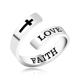 Faith Rings for Women, Trendy Lettering Faith over Fear Love Faith I am Enough Hope Star Rings Open Adjustable Stainless Steel Rings for Teen Girls Jewelry Gifts